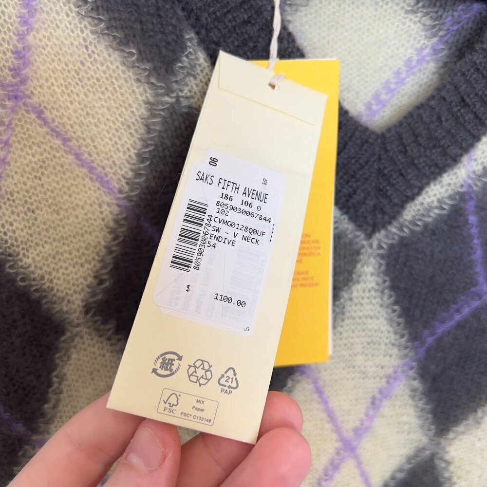 497 Nwt Marni Argyle-pattern V-neck wool-blend jumper Size 54 Color Grey Yellow - Picture 5 of 12